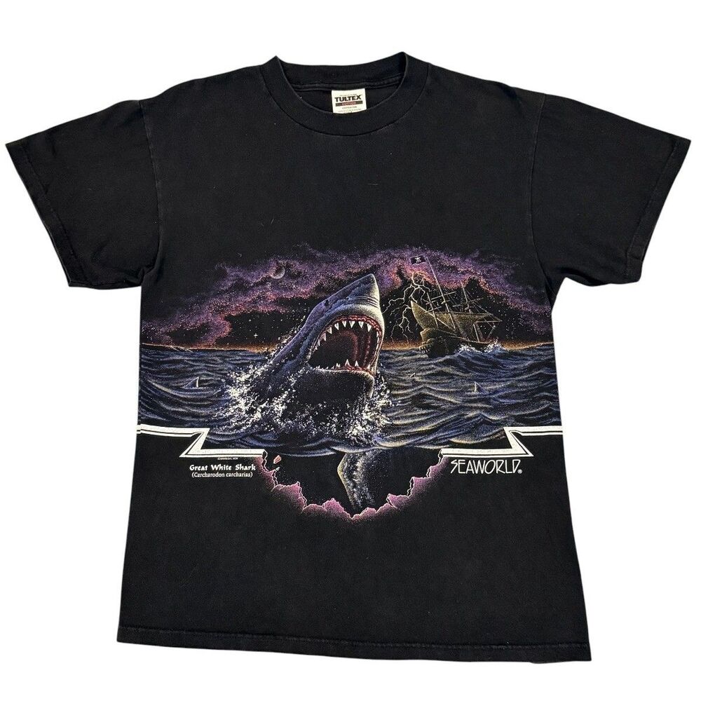 Vintage 90s SeaWorld Great White Shark T Shirt Medium 1994 Sansegal Double Sided